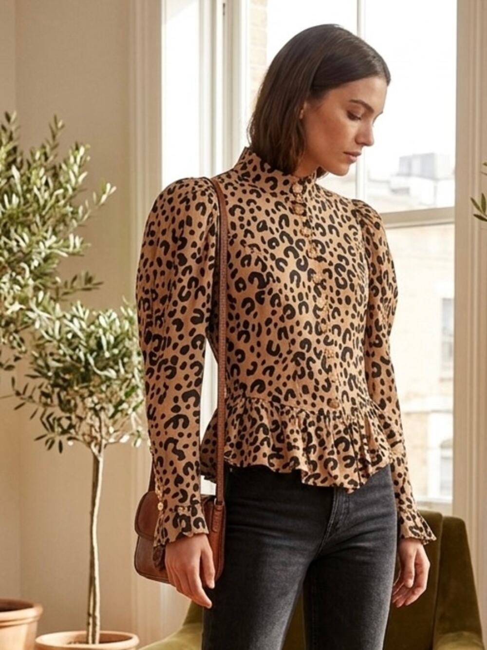 BURU Leopard Print Peplum Blouse Puff Sleeve Button Down Size XS